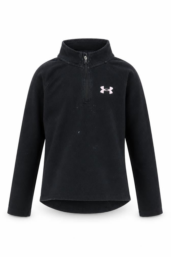 Front view of Under Armour girls’ black long sleeve pullover 6-7 years
