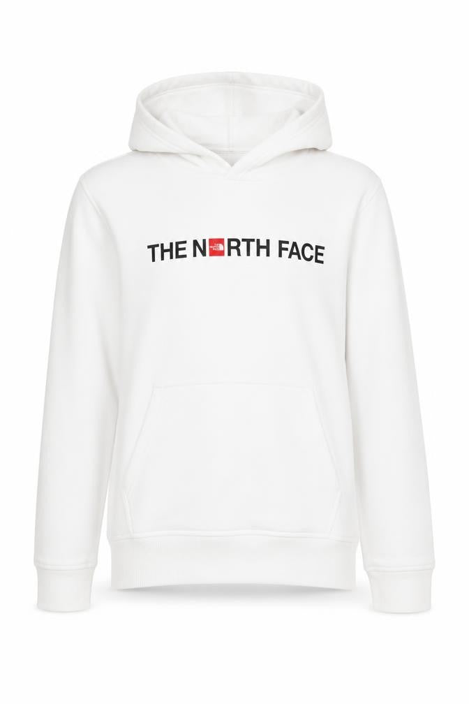 Front view of The North Face boys’ white pullover hoodie, size L