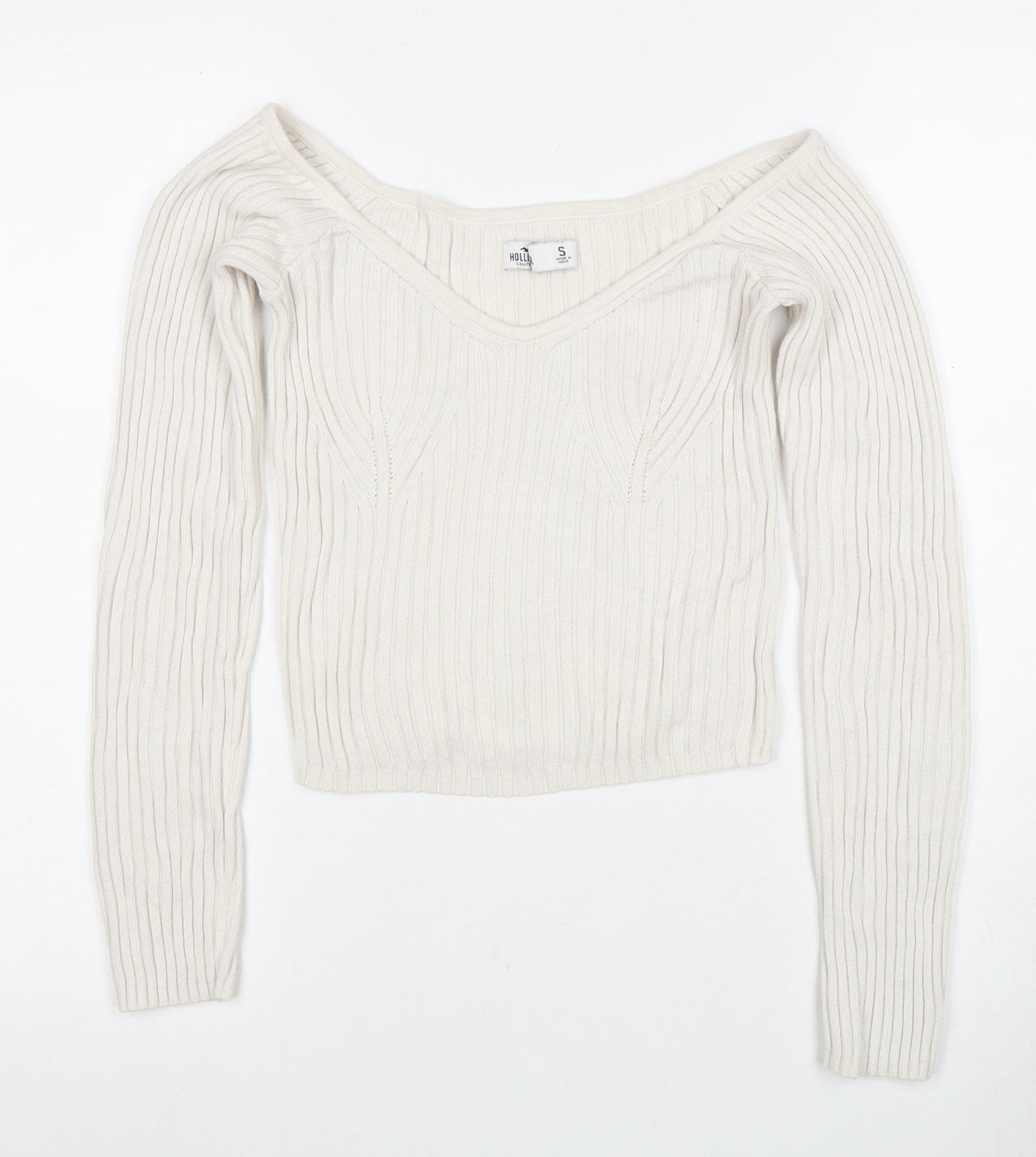 Hollister Women's Ivory V-Neck Pullover Jumper - Small