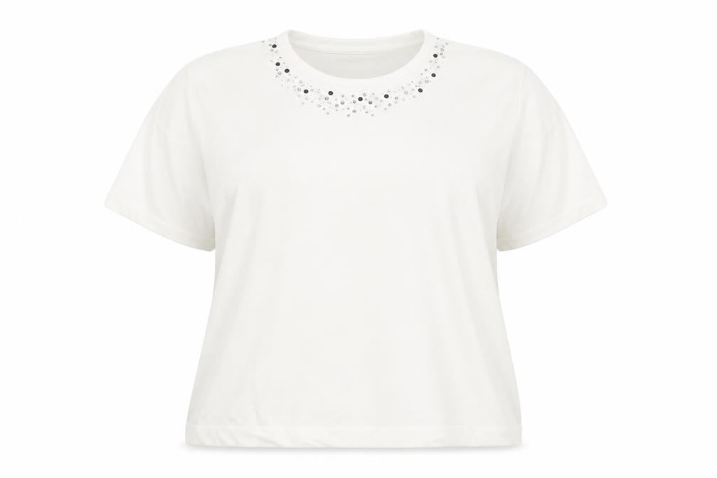 Front view of Honor Millburn Women's XL White Beaded T-Shirt