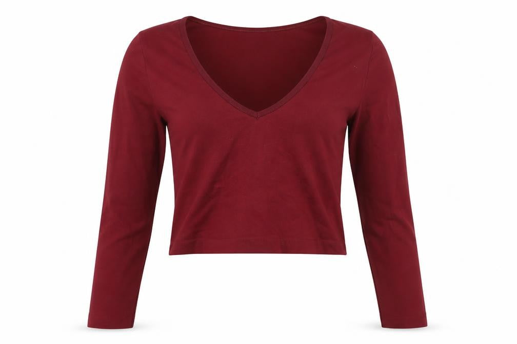 BDG Women's Red Cropped V-Neck Long Sleeve Top