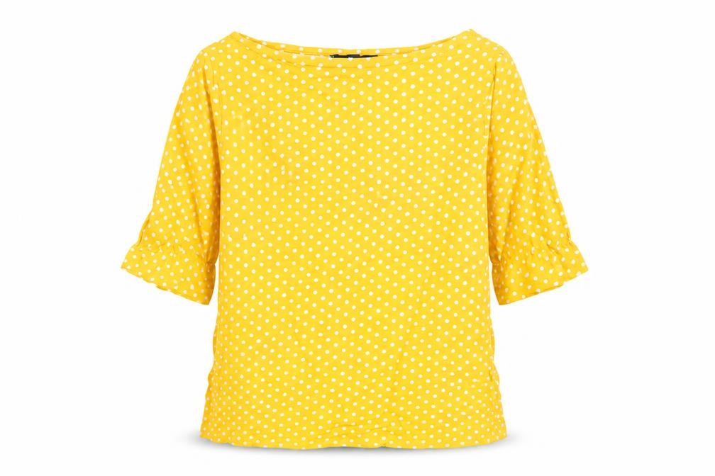 Front view of Gap girls’ yellow polka dot t-shirt, size 10-11, cotton, spring