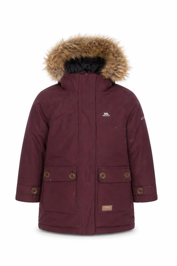 Front view of Trespass girls’ purple parka coat 2-3 years waterproof