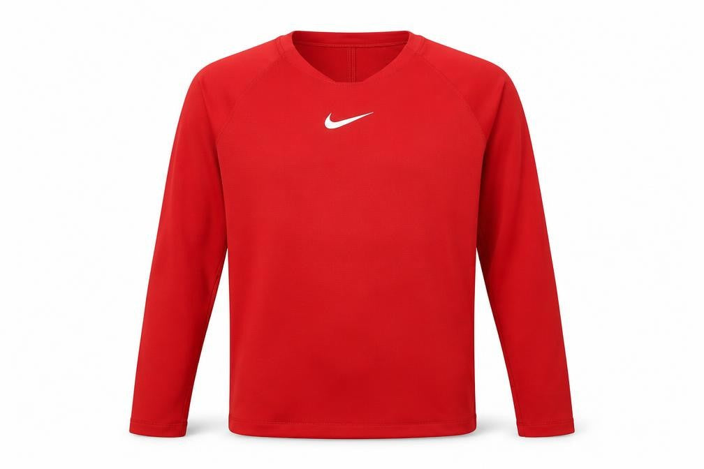 Front view of Nike boys’ red long sleeve t-shirt, size M, sports activewear