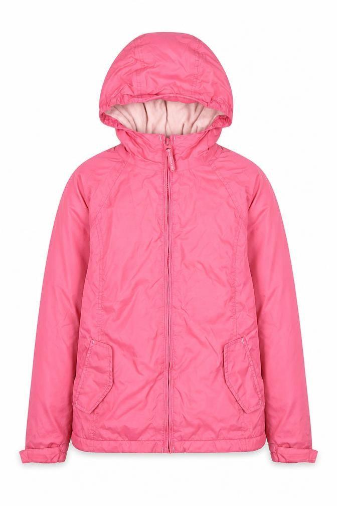 Front view of Lands' End girls’ pink nylon hooded jacket 7-8 years