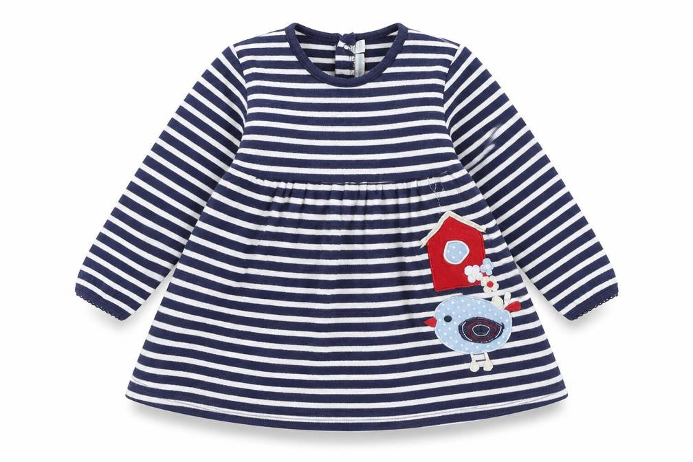 Front view of Charming girls’ blue striped a-line dress, 12-18 months