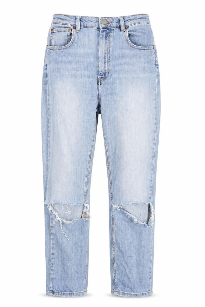 Front view of ASOS Women's Light Blue High-Rise Distressed Mom Jeans -, size 8