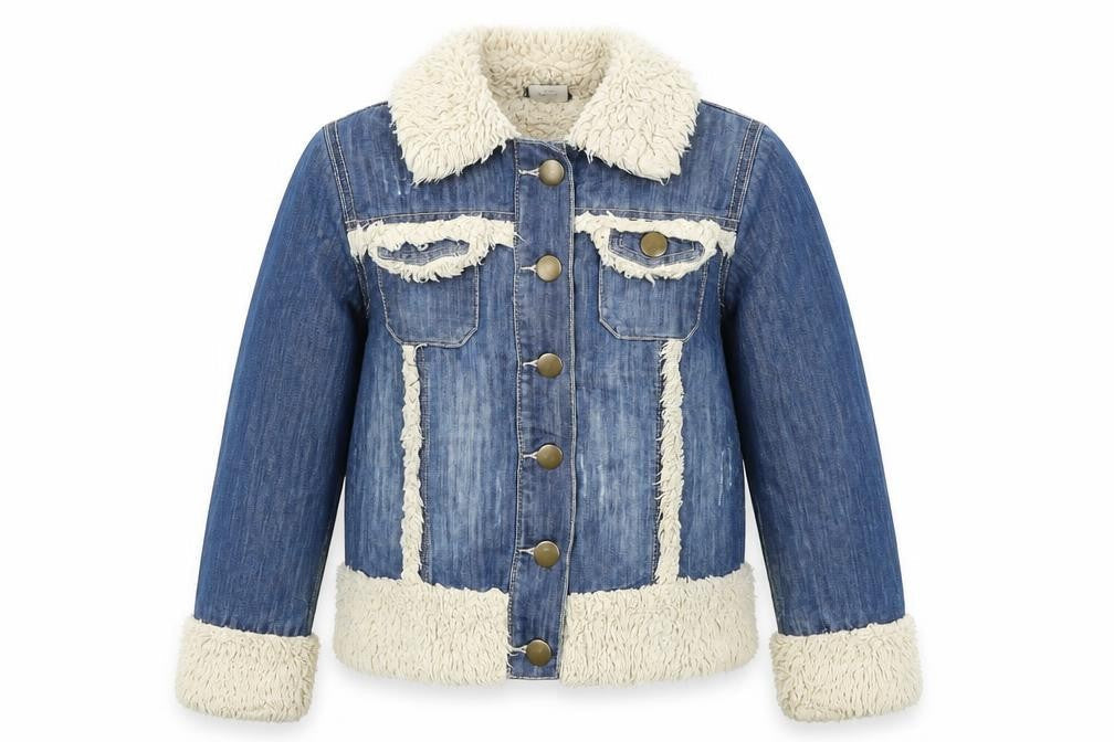 Front view of Next girls’ blue denim jacket 9-10 years faux fur trim