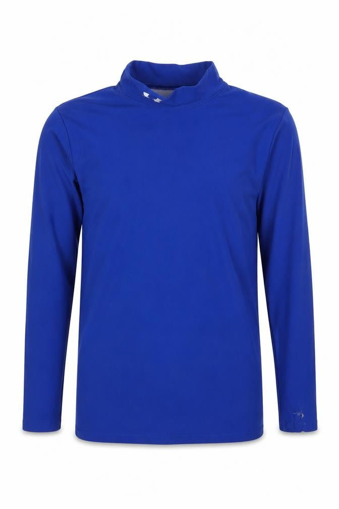 Front view of Under Armour boys’ blue long sleeve athletic mock neck top