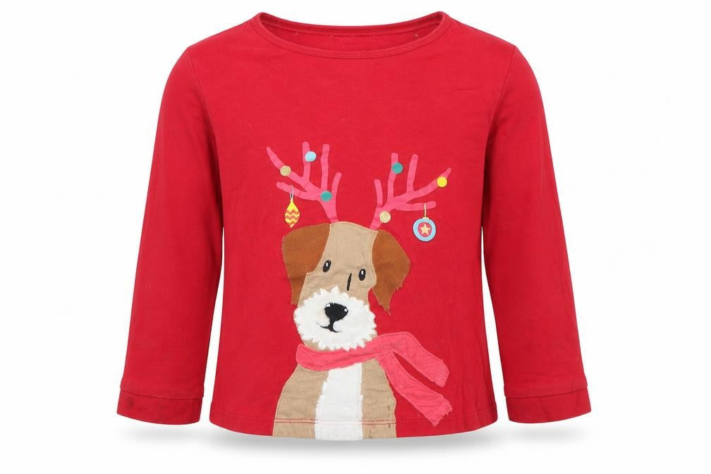 Front view of John Lewis girls’ red dog print long sleeve t-shirt