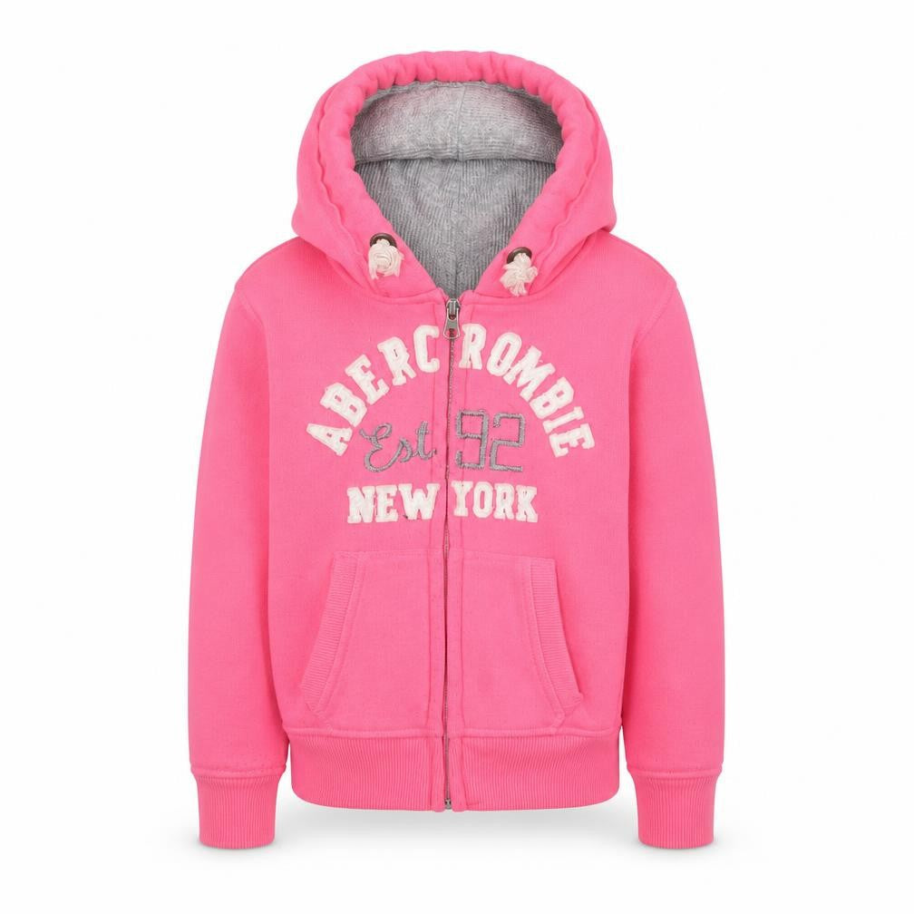 Front view of Abercrombie & Fitch girls’ pink hoodie 2 years full zip logo fleece