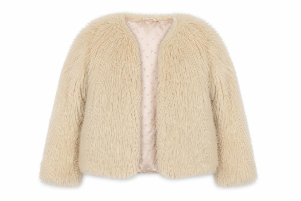 Front view of Superior 1884 girls’ beige faux fur jacket, size 7-8, years