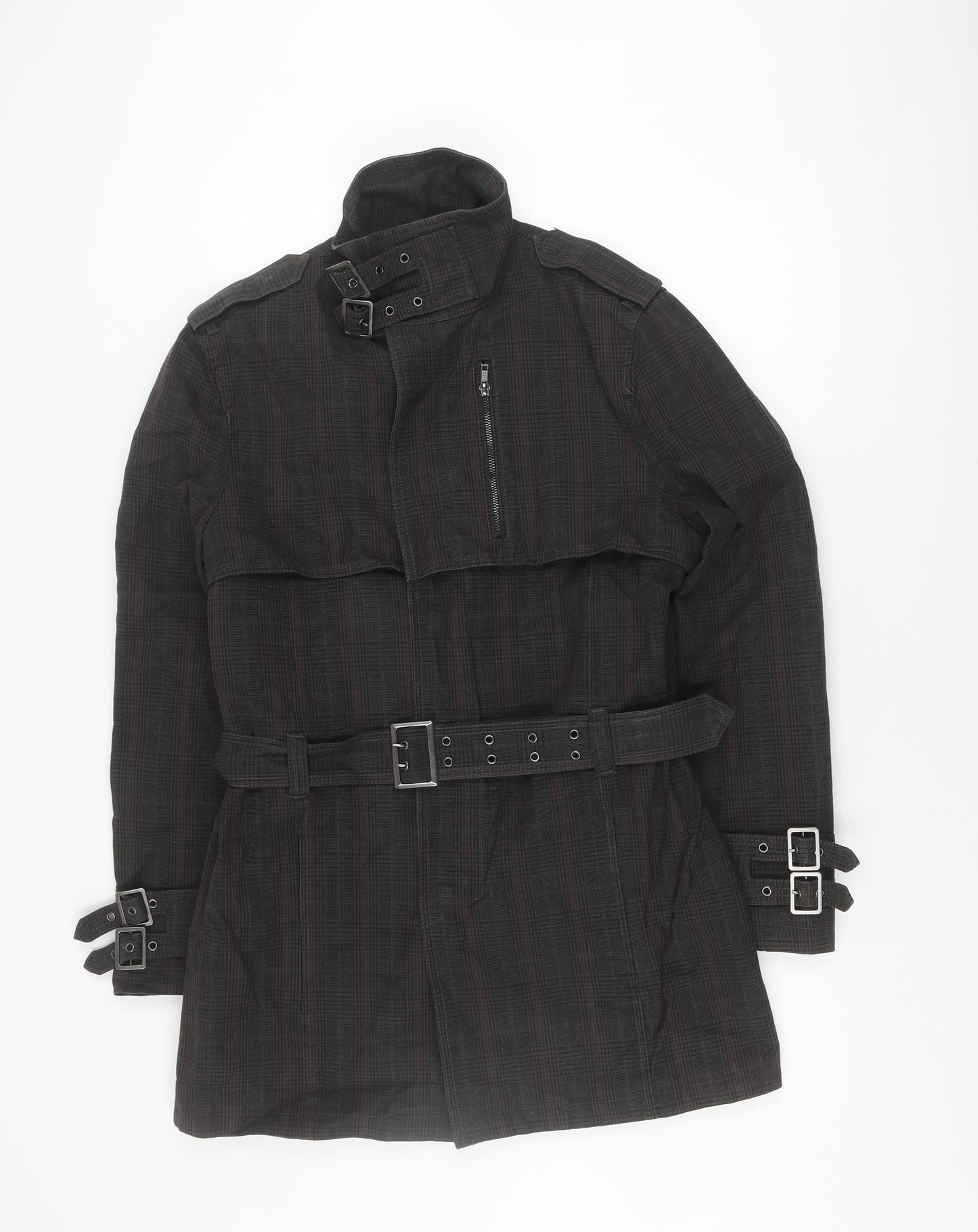 H&M Men's Black Check Belted Coat Size 40 - Casual & Stylish
