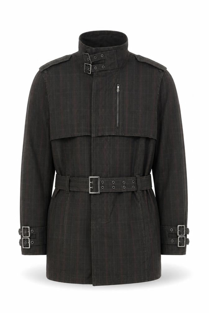 H&M Men's Black Check Belted Coat Size 40 - Casual & Stylish