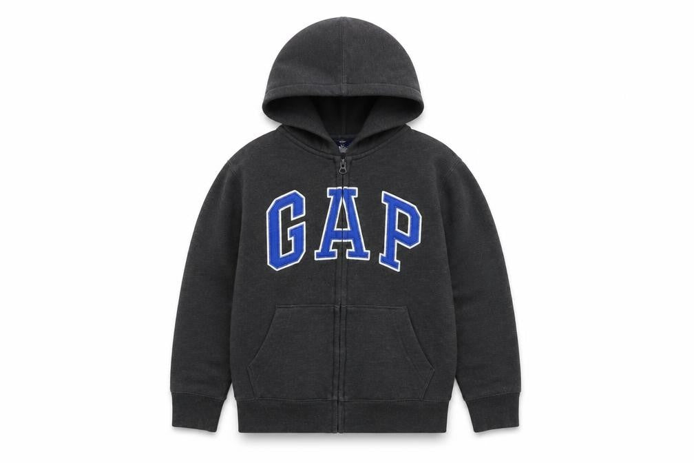 Front view of Gap boys’ grey full zip hoodie with logo -, size 12, years