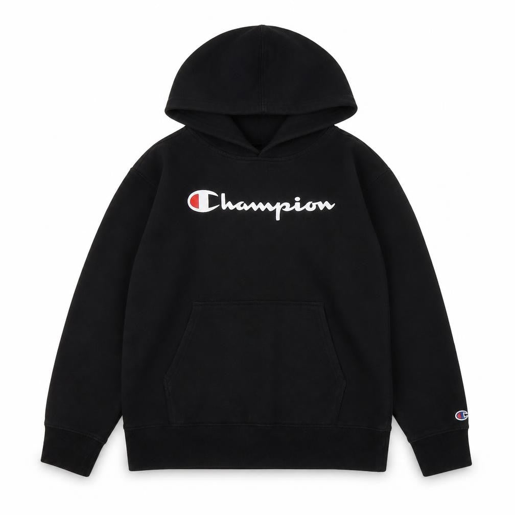 Front view of Champion boys’ black hoodie l pullover logo lightweight