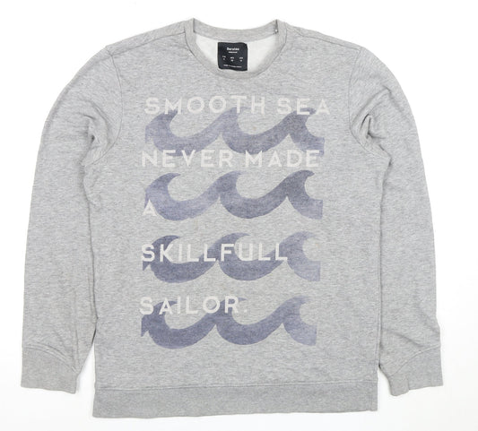 Bershka Men's Grey Marine Quote Graphic Sweatshirt M