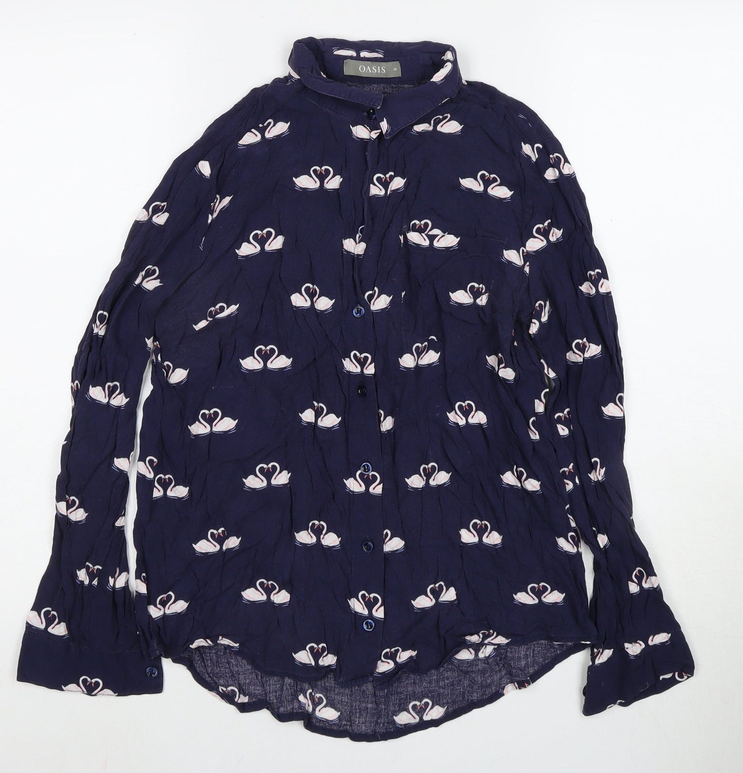 Oasis Women's Blue Swan Print Blouse Size 10