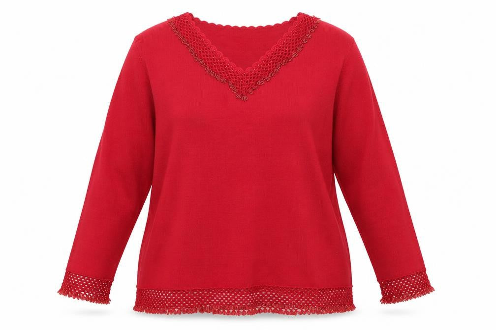 Jacques Vert Women's Red XL V-Neck Beaded Pullover