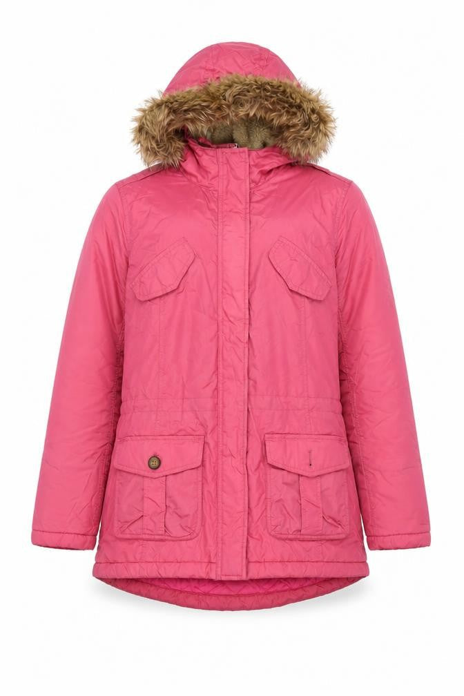 Front view of Lands' End girls’ pink parka jacket, size 14, winter hooded