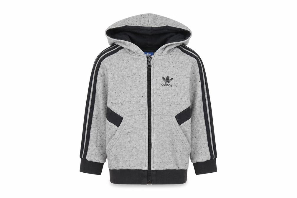 Front view of Adidas boys’ grey full zip hoodie 3-4 years with logo accents