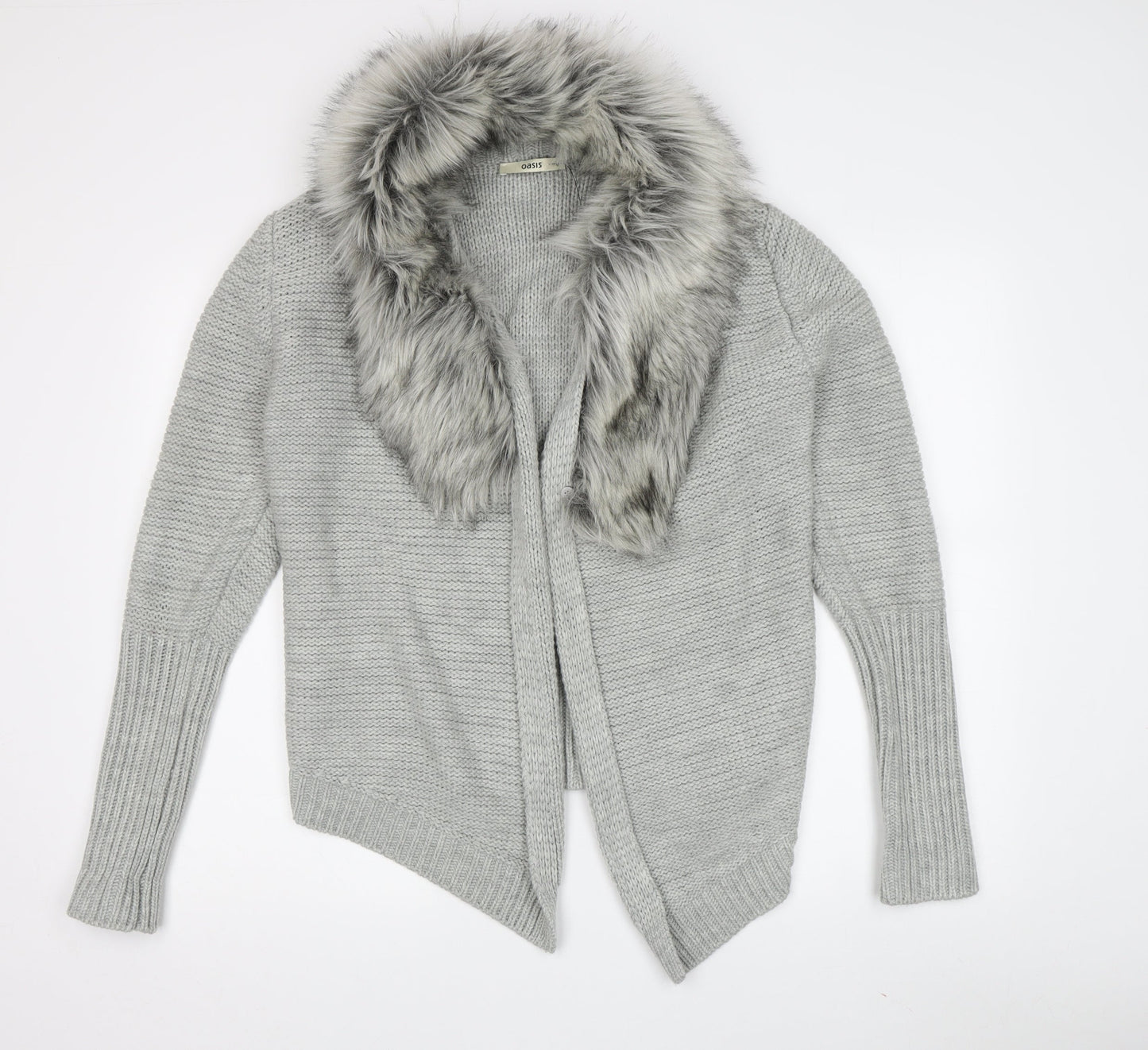 Oasis Women's Grey Cardigan Fur Trim Size M