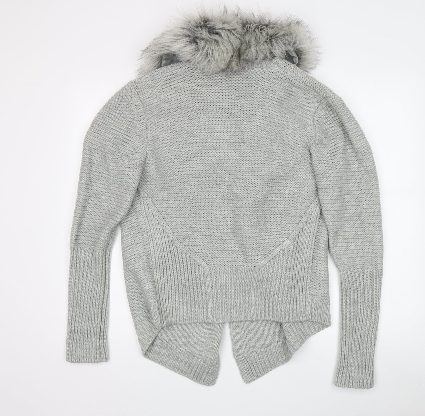 Oasis Women's Grey Cardigan Fur Trim Size M