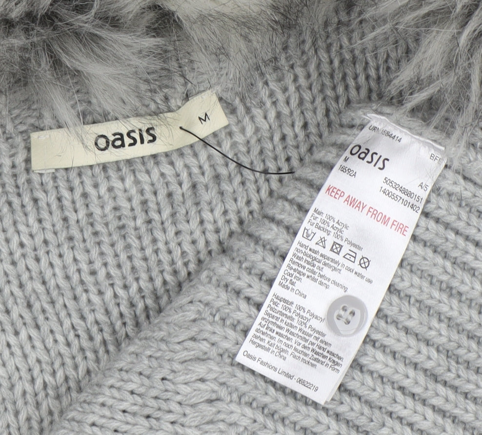 Oasis Women's Grey Cardigan Fur Trim Size M