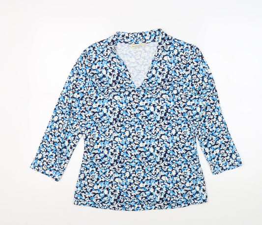 WoolOvers Women's Blue Floral 3/4 Sleeve Blouse Medium