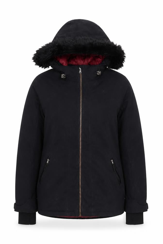 Crane Women's Black Parka Jacket S Hooded Fur Trim