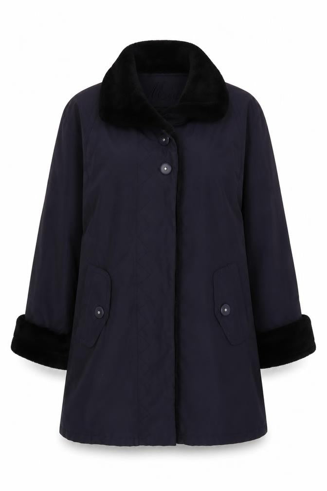 Front view of Nuage Women's Black Overcoat, size 12, with Fur Trim
