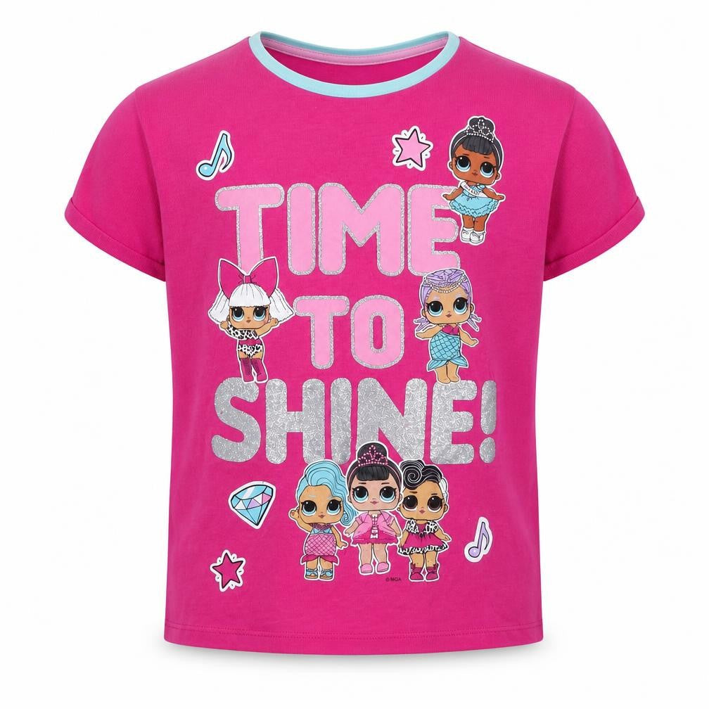 Front view of LOL Surprise girls’ pink glitter graphic t-shirt 7-8 years