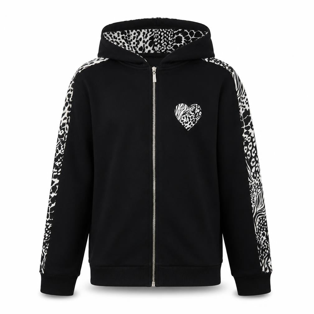 Front view of Bluezoo girls’ black full zip animal print hoodie 12-13 years