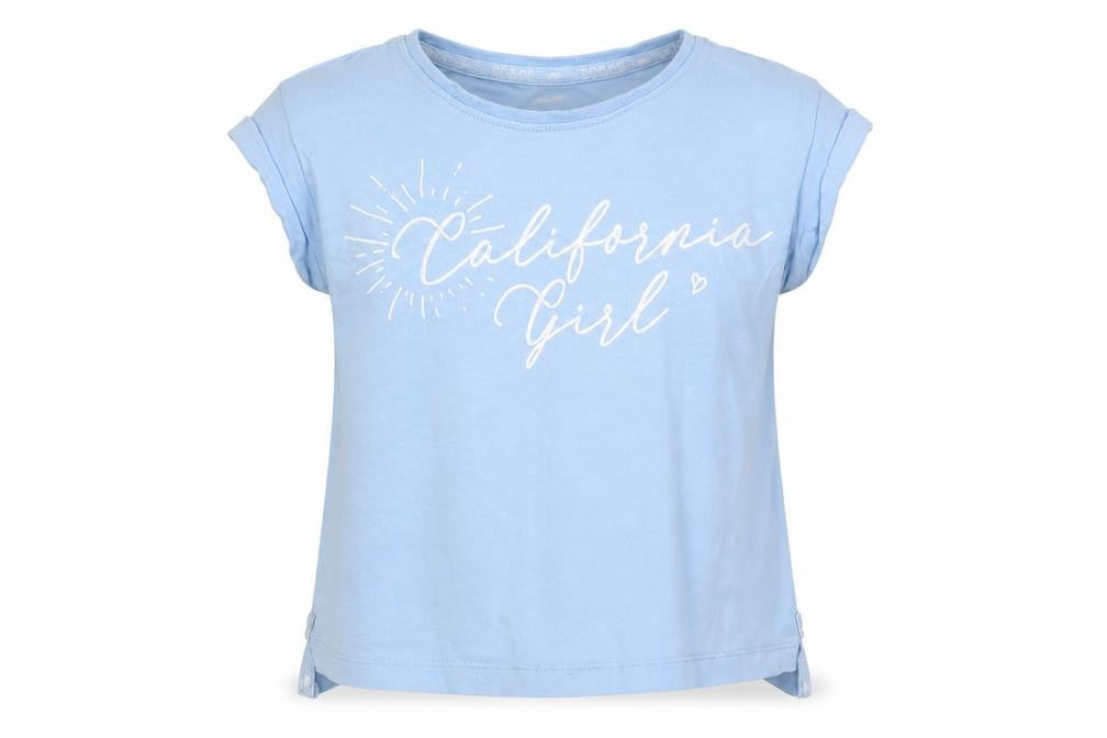 Front view of SoulCal girls’ blue t-shirt, size 7, california graphic print