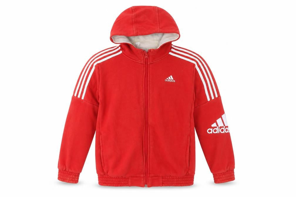 Front view of Adidas boys’' red full zip hoodie, size 13-14, years