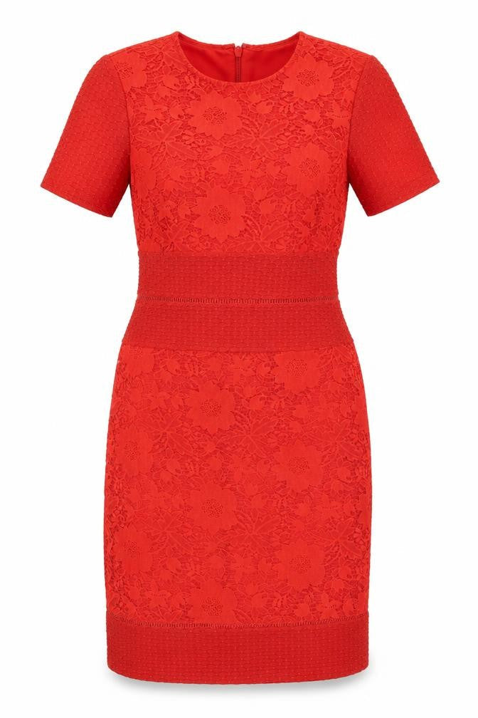 Front view of Miss Selfridge Red Bodycon Dress, UK 12, Party Floral Lace