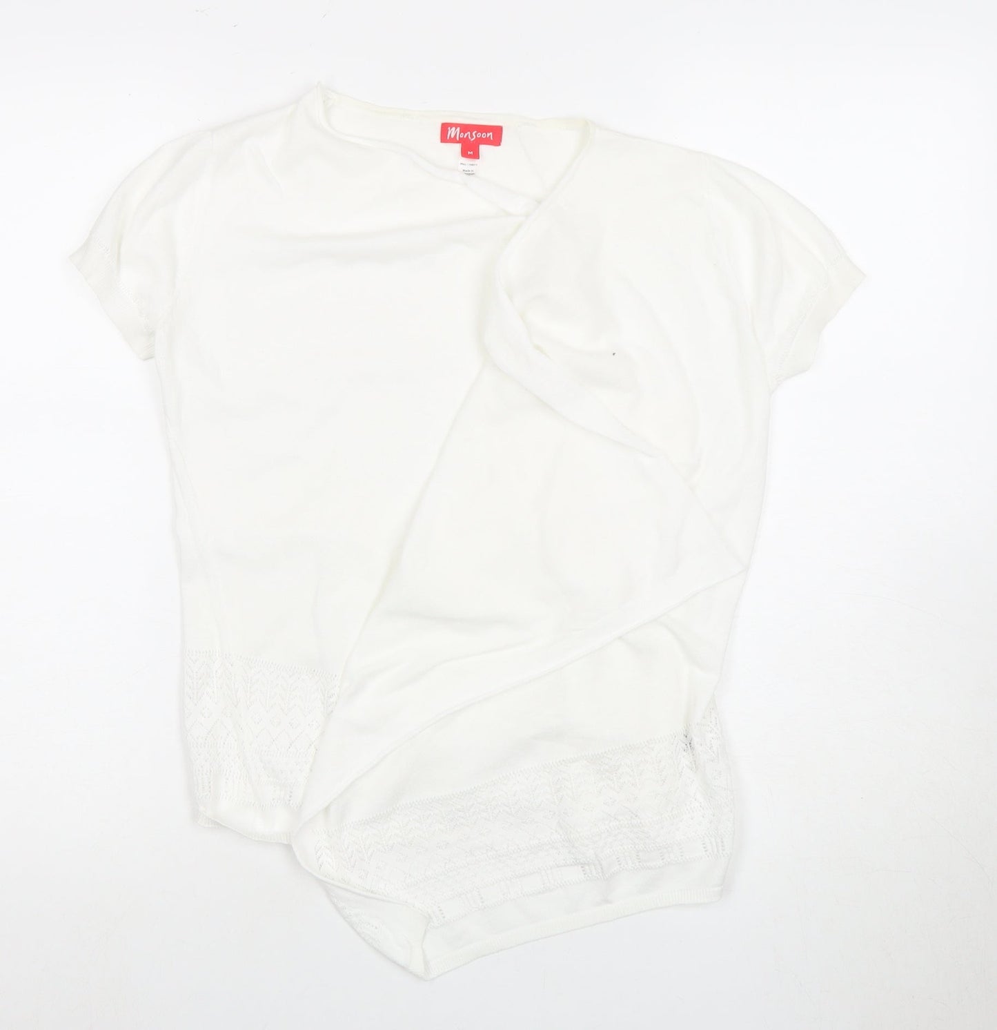 Monsoon Women's White Basic T-Shirt M with Crochet Detail
