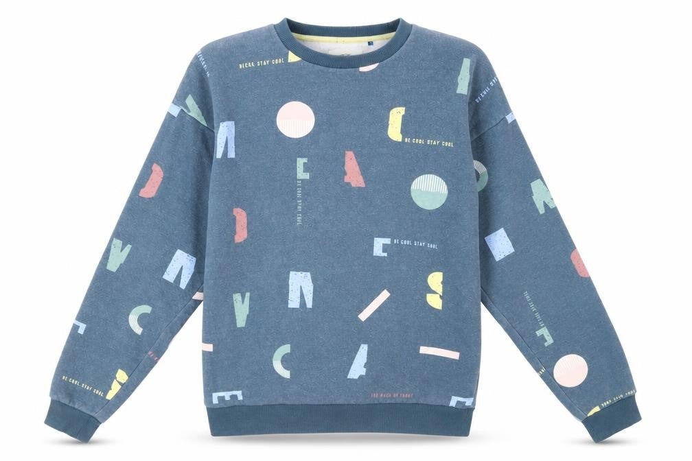 Front view of RESERVED boys’ blue graphic print pullover sweatshirt l