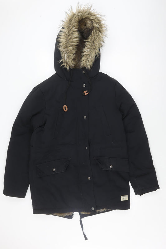 Jack Wills Women's Black Hooded Coat Size 10