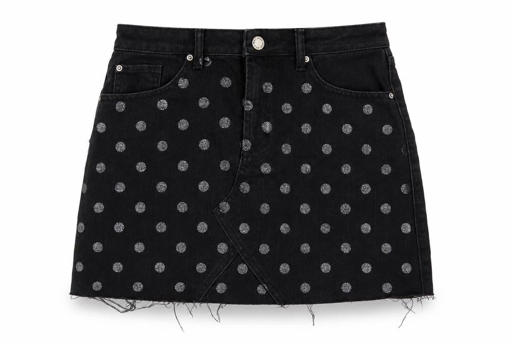 Miss Selfridge Black Polka Dot Mini Denim Skirt, Size 10