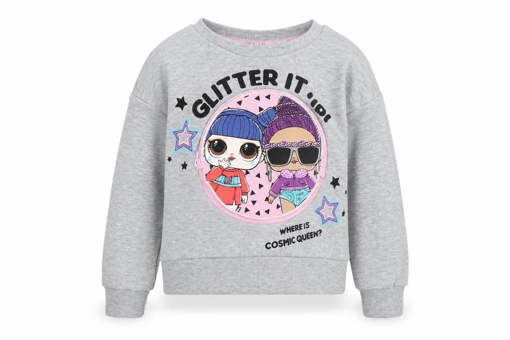 Front view of L.O.L. Surprise! girls’ grey sweatshirt 3-4 years | fun graphic print