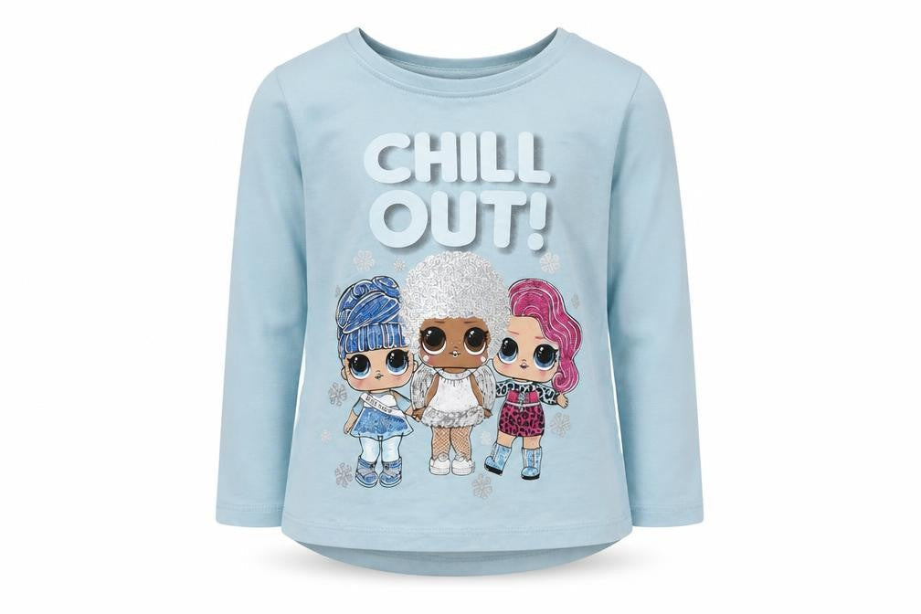 Front view of LOL Surprise girls’ blue long sleeve t-shirt, size 4, years