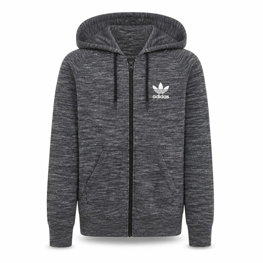 Front view of Adidas boys’ grey full zip hoodie, size S
