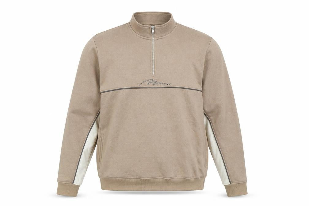 Front view of boohooMAN men’s beige 2xl 1/4 zip sweatshirt