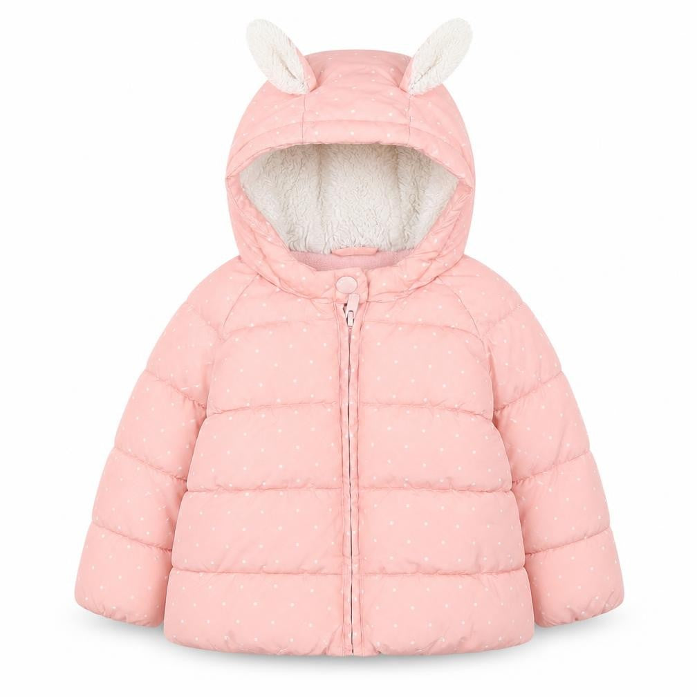 Front view of Gap girls’ pink puffer jacket 18-24 months hooded winter ears