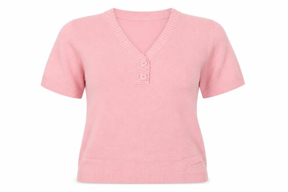 Damart Women's Pink V-Neck Henley Jumper L