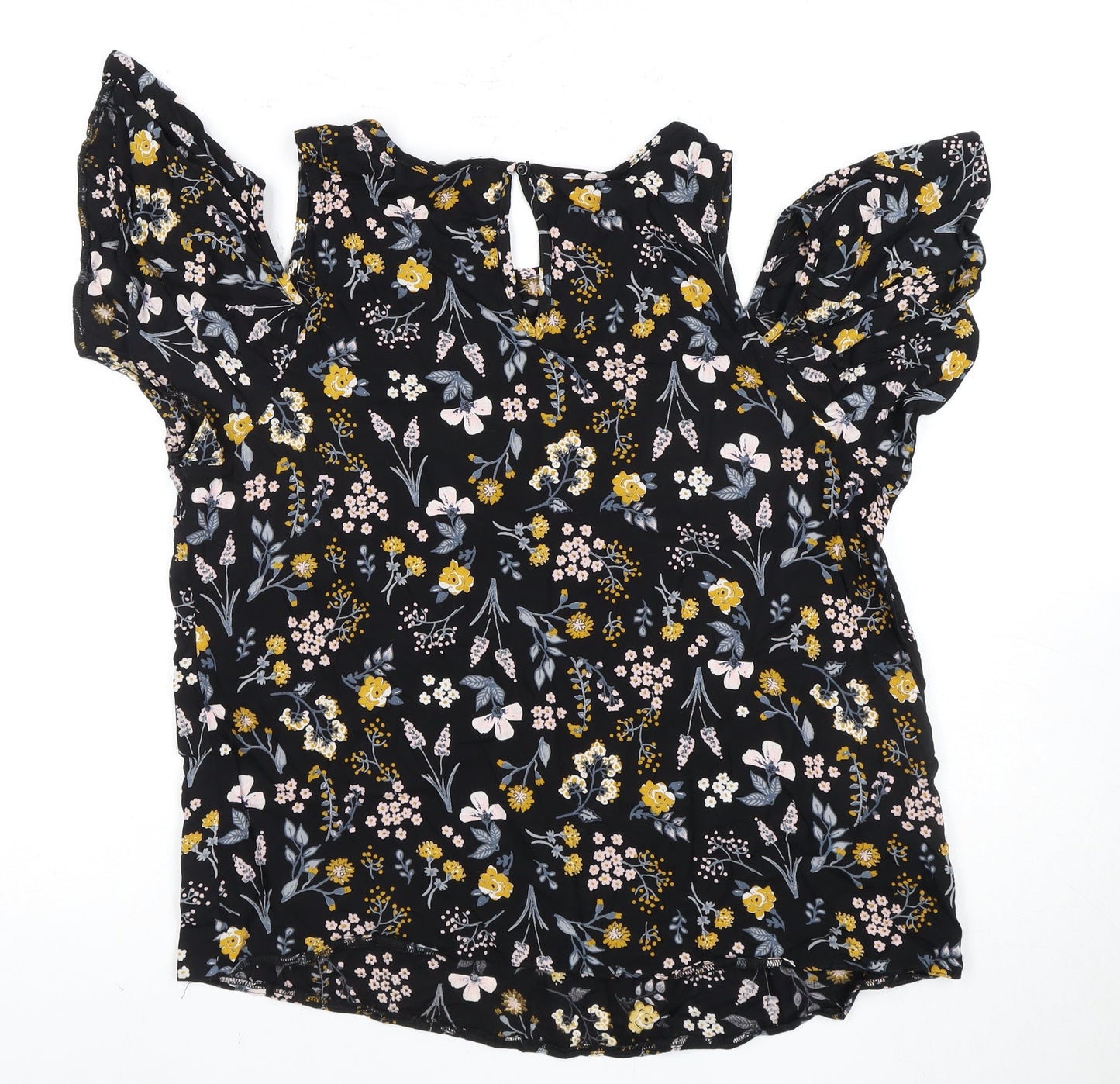 New Look Women's Black Floral Blouse, Size 16, Ruffle Detail