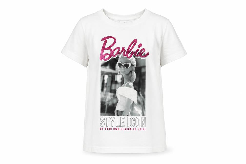 Front view of Barbie girls’ white t-shirt 7-8 years, graphic print jersey