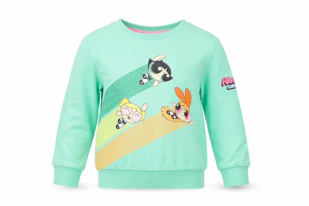 Front view of The Powerpuff girls’ green sweatshirt girls 7 years