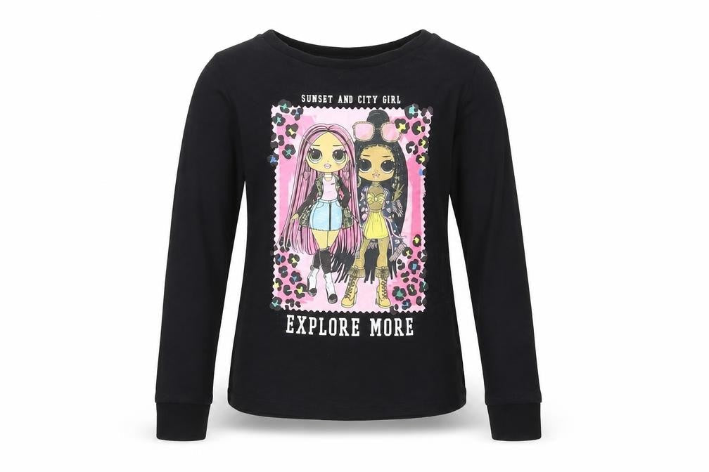 Front view of LOL Surprise girls’ black graphic long sleeve t-shirt 6-7 years